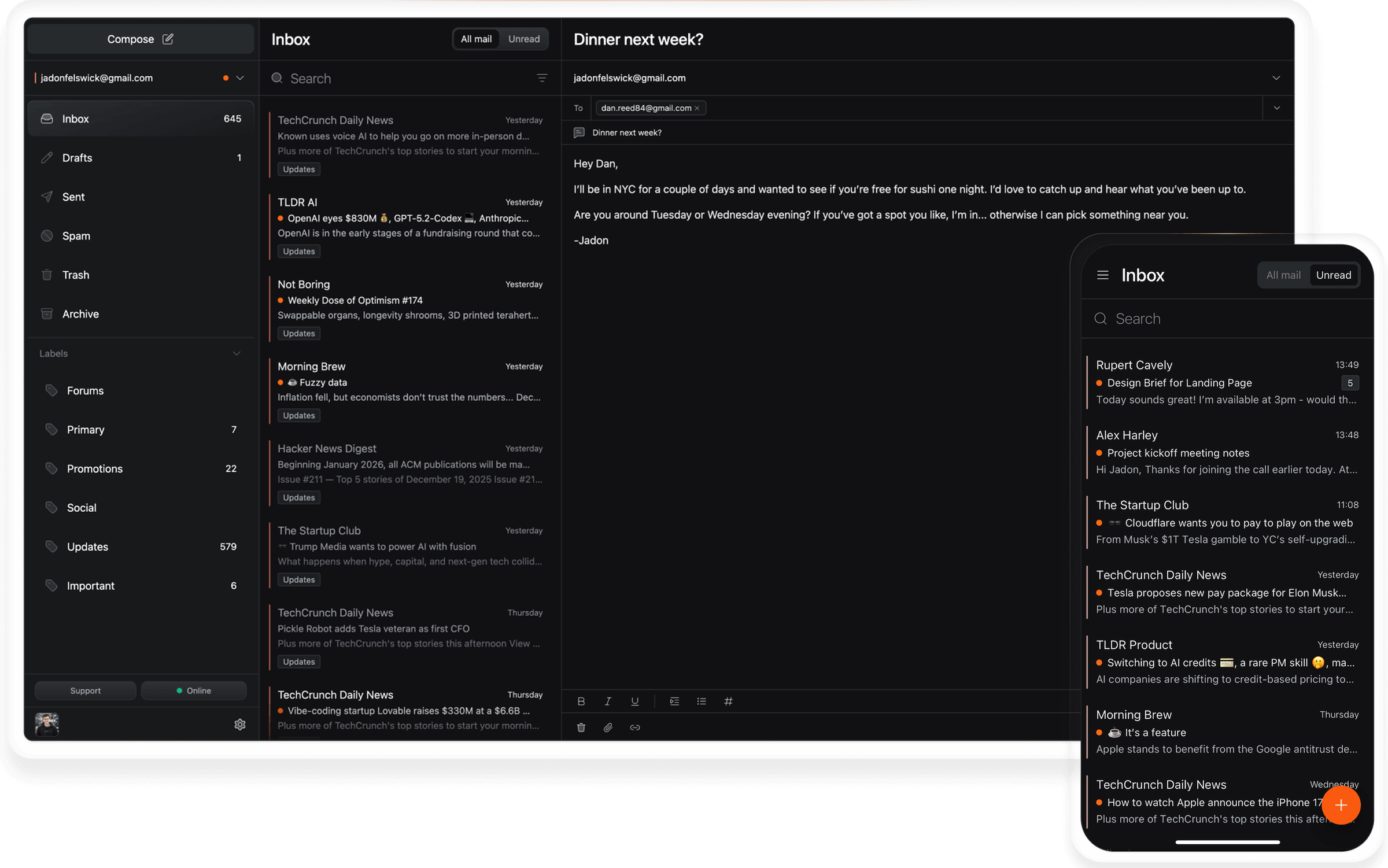 Marco desktop app showing a three-pane email layout with sidebar, inbox list, and message view