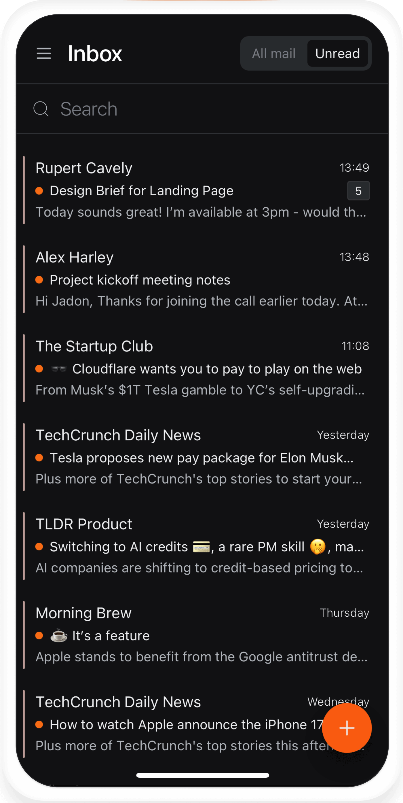 Marco mobile app showing an inbox with a list of emails